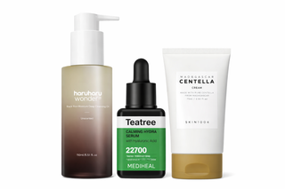 Trio Haru Haru Wonder huile nettoyante, MEDIHEAL Teatree serum vert et SKIN1004 Madagascar Centella Cream