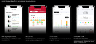 Quatre ecrans de l'application AGE-R - tutoriel, calendrier de soins, suivi de la peau et controle de l'appareil