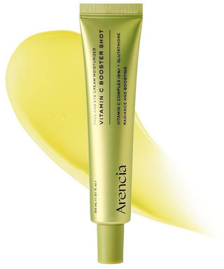 Tube vert Arencia Vitamin C Booster Shot et swatch jaune - vitamine C 5% et glutathion - 30ml