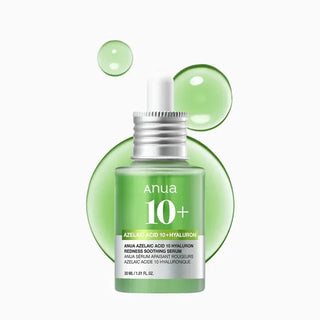 Flacon vert ANUA Azelaic Acid 10 Hyaluron Redness Soothing Serum 30 ml sur bulles de gel vertes