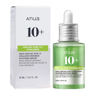 Flacon sérum ANUA Azelaic Acid 10 Hyaluron 30 ml posé à côté de son étui cartonné blanc et vert