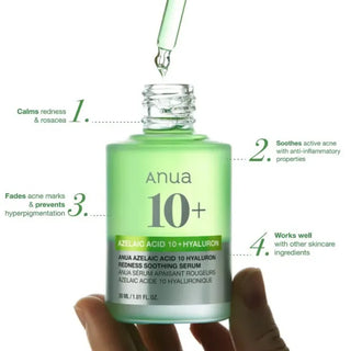 Flacon ANUA Azelaic Acid 10 tenu en main, 4 bénéfices annotés : rougeurs, acné, marques, tolérance