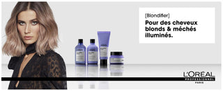 Femme blonde avec gamme L'OREAL PROFESSIONNEL Blondifier - 4 produits violets sur fond gris