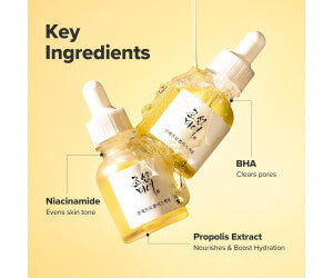 Ingrédients clés du Glow Serum - niacinamide teint uniforme, BHA pores, extrait de propolis hydratant