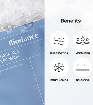 Biodance Hydro Cera-Nol Mask - sachet bleu avec icones bienfaits apaisement hydratation fraicheur