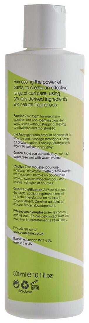 Dos du flacon Boucleme Curl Cleanser 300 ml avec liste d'ingredients et conseils d'utilisation