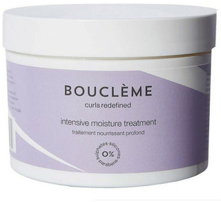 Boucleme Intensive Moisture Treatment 250ml - vue de trois quarts du pot violet et blanc, liste INCI visible