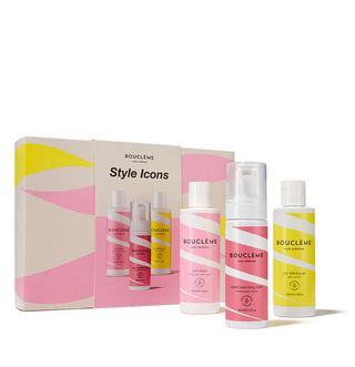Boucleme Coffret Style Icons - boite rose et jaune avec curl cream, mousse volumisante et gel definissant