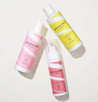 Boucleme Coffret Style Icons - trois flacons curl cream rose, curl defining gel jaune et mousse volumisante
