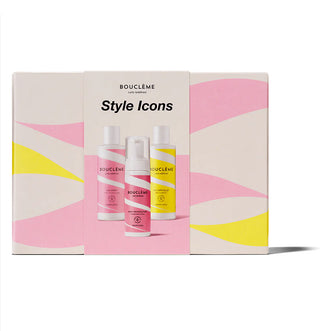 Boucleme Coffret Style Icons - packaging rose et jaune ferme avec trois flacons miniatures devant