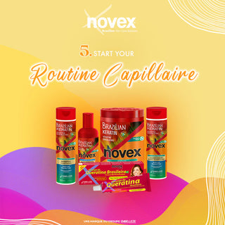 Routine capillaire Novex Brazilian Keratin - cinq produits rouges shampooing masque et recharge sur fond dore