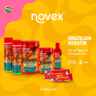 Gamme complete Novex Brazilian Keratin - six produits sur fond rose et jaune, labels vegan et pet love
