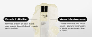 COSRX PEPTIDE-132 Shampoo - formule pH faible et mousse riche onctueuse, flacon entoure de texture