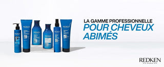 Gamme complete REDKEN Extreme - six produits bleus alignes, gamme professionnelle cheveux abimes
