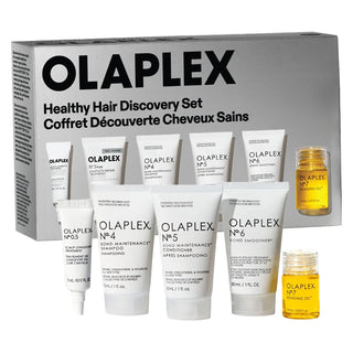 Coffret Olaplex Healthy Hair Discovery - boite argentee et 5 minis format voyage devant le packaging