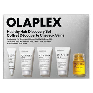 Coffret Olaplex Healthy Hair Discovery - vue de face de la boite argentee fermee avec 5 produits visibles
