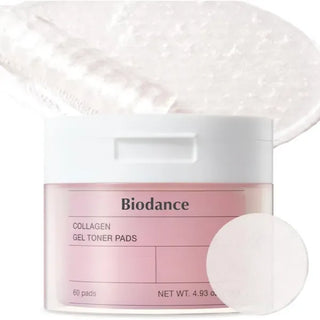 Pot rose BIODANCE Collagen Gel Toner Pads à couvercle blanc, pad et texture gel visibles - 60 pads