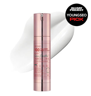 VT Cosmetics Collagen Reedle Shot 100 - flacon rose gold avec badge Youngseo Pick et texture serum