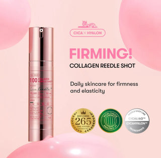 VT Cosmetics Collagen Reedle Shot 100 flacon rose avec badges Best Cosme et Cica x Hyalon sur fond rose