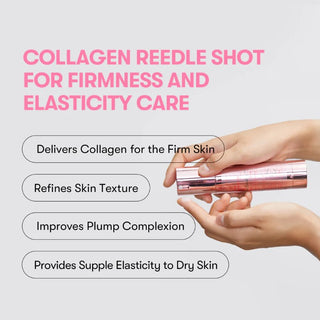 Mains tenant le flacon VT Cosmetics Collagen Reedle Shot 100 avec liste des quatre bienfaits fermete et elasticite