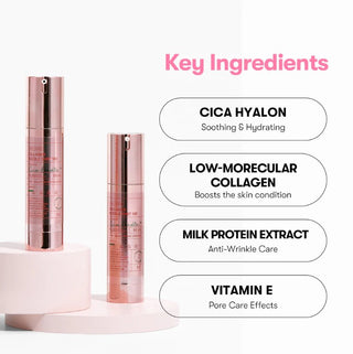 Deux flacons VT Cosmetics Reedle Shot 100 sur socle rose avec ingredients cles Cica Hyalon, collagene et vitamine E