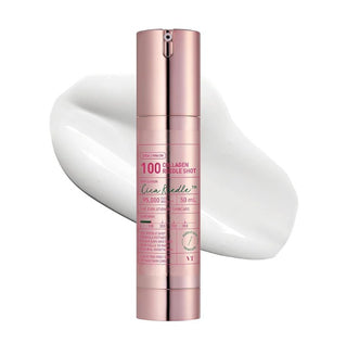 Flacon airless rose gold VT Cosmetics Collagen Reedle Shot 100 50ml avec texture serum blanc en arriere-plan