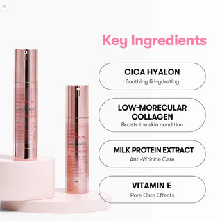 VT Cosmetics Reedle Shot 100 deux flacons roses sur socle avec ingredients cles en gros plan