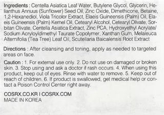 COSRX Centella Blemish Cream - liste INCI complete et precautions d'utilisation au dos du packaging