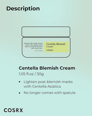 COSRX Centella Blemish Cream - fiche descriptive du pot 30g sur fond vert menthe