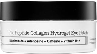 Pot blanc COSRX Peptide Collagen Hydrogel Eye Patch avec couvercle noir, niacinamide et cafeine sur fond blanc