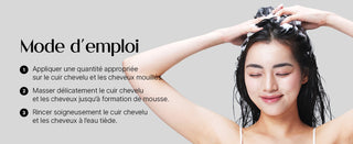 COSRX PEPTIDE-132 Shampoo - mode d'emploi en 3 etapes, femme se lavant les cheveux