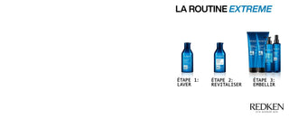Routine REDKEN Extreme en 3 etapes illustree - laver, revitaliser, embellir sur fond blanc