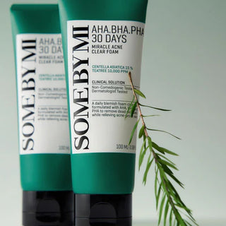 Deux tubes verts SOME BY MI AHA BHA PHA 30 Days Miracle Cleanser avec branche de tea tree