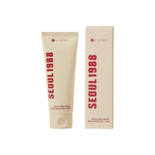 Tube K-SECRET Seoul 1988 Snail Mucin 93% + Rice à côté de son étui carton beige et rouge