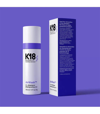 K18 AirWash Dry Shampoo - flacon blanc et boite bleue-violette avec descriptif sur fond violet
