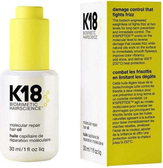 K18 Molecular Repair Hair Oil - flacon 30 ml a cote de sa boite avec description anti-frisottis bilingue