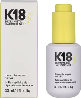 K18 Molecular Repair Hair Oil - boite et flacon 30 ml cote a cote sur fond blanc