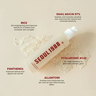 Infographie KSECRET Seoul 1988 Essence sur lit de riz avec cinq actifs cles dont snail mucin et panthenol
