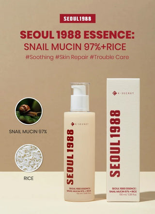 Infographie KSECRET Seoul 1988 Essence avec flacon, etui et ingredients cles snail mucin et riz