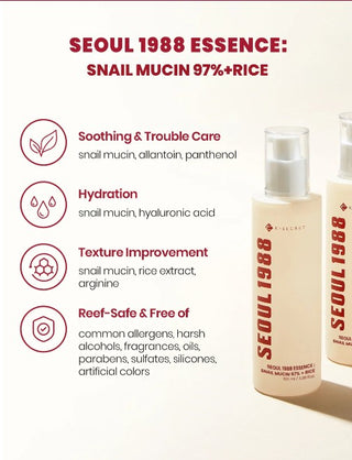 Infographie KSECRET Seoul 1988 Essence listant quatre benefices - apaisement, hydratation, texture et formule clean