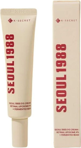 Seoul 1988 Eye Cream K-Secret tube et boite en carton beige avec typographie rouge, fond blanc