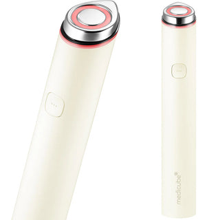Gros plan embout LED rouge et vue de cote de l'appareil MEDICUBE AGE-R Booster Pro Mini Plus beige