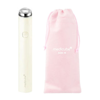 Appareil MEDICUBE AGE-R Booster Pro Mini Plus beige avec sa pochette de rangement rose medicube AGE-R