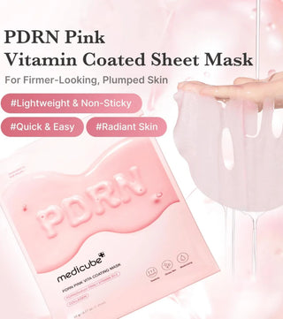 Sachet rose MEDICUBE PDRN Pink Vita Coating Mask et main tenant le masque coating gel transparent, 22g