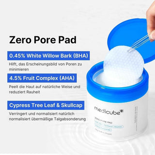 Infographie ingredients Medicube Zero Pore Pad avec pot ouvert, pince et pad gaufre en gros plan