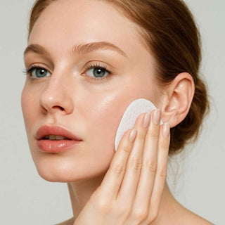 Mannequin appliquant un pad exfoliant Medicube Zero Pore Pad sur la joue, peau nette et lumineuse