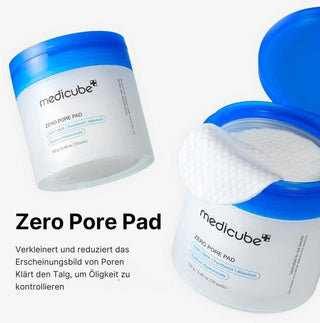 Deux pots Medicube Zero Pore Pad ouverts avec pads visibles et texte en allemand sur fond blanc