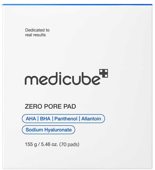 Boite en carton Medicube Zero Pore Pad avec mentions AHA BHA Panthenol et Sodium Hyaluronate
