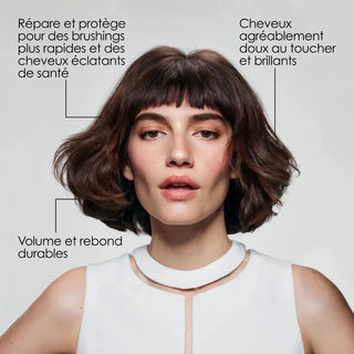 Mannequin au carré brun volumineux - bénéfices brume OLAPLEX : volume et rebond durables, cheveux doux et brillants