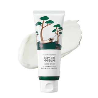 Round Lab Nettoyant Apaisant Pin Cica - tube blanc illustration pins et texture creme verte